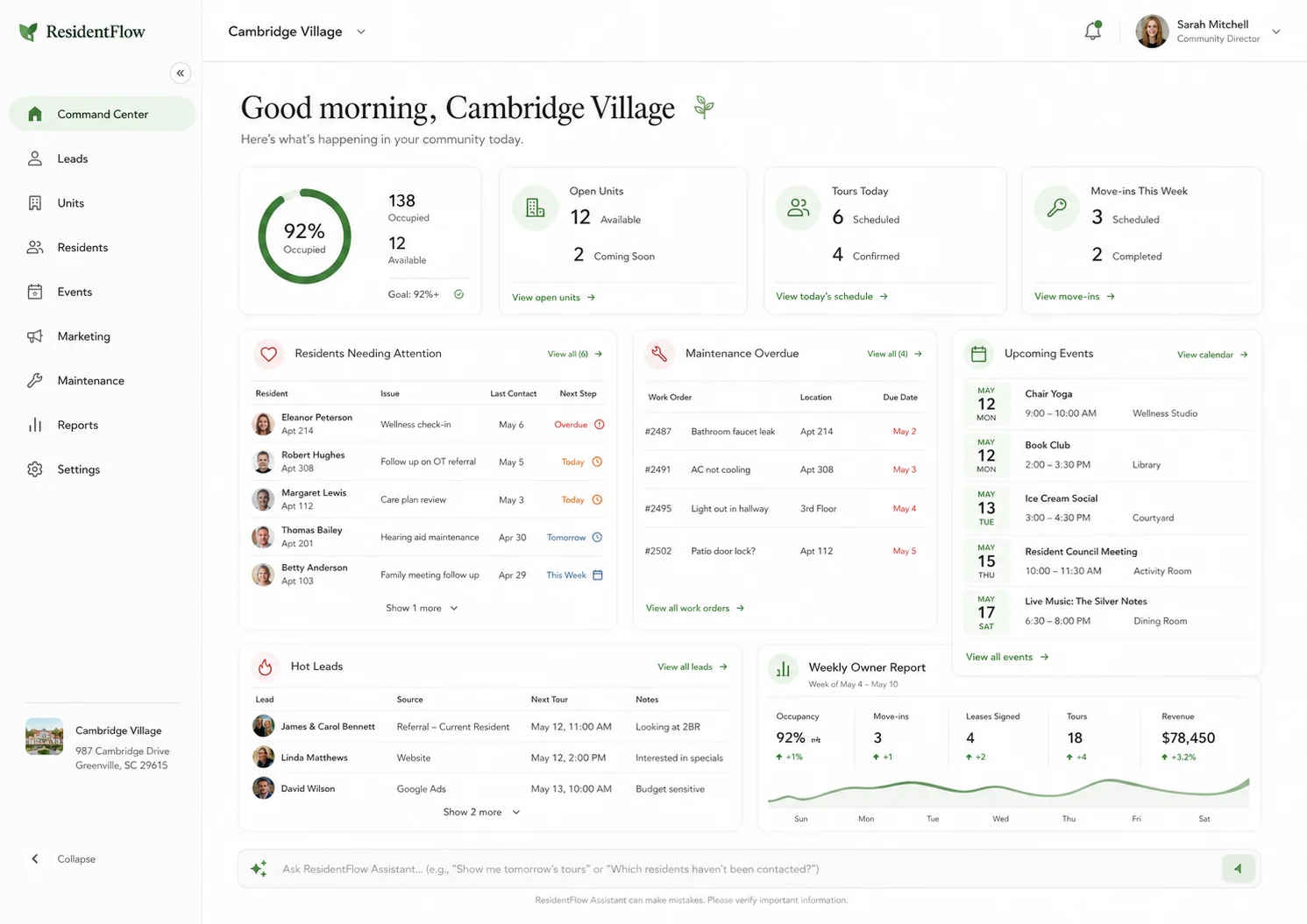 ResidentFlow command center dashboard for a senior living community